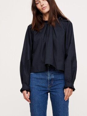 NWT Banana Republic Navy Blue Cotton Poplin Relaxed Tie-Back Ruched Top M